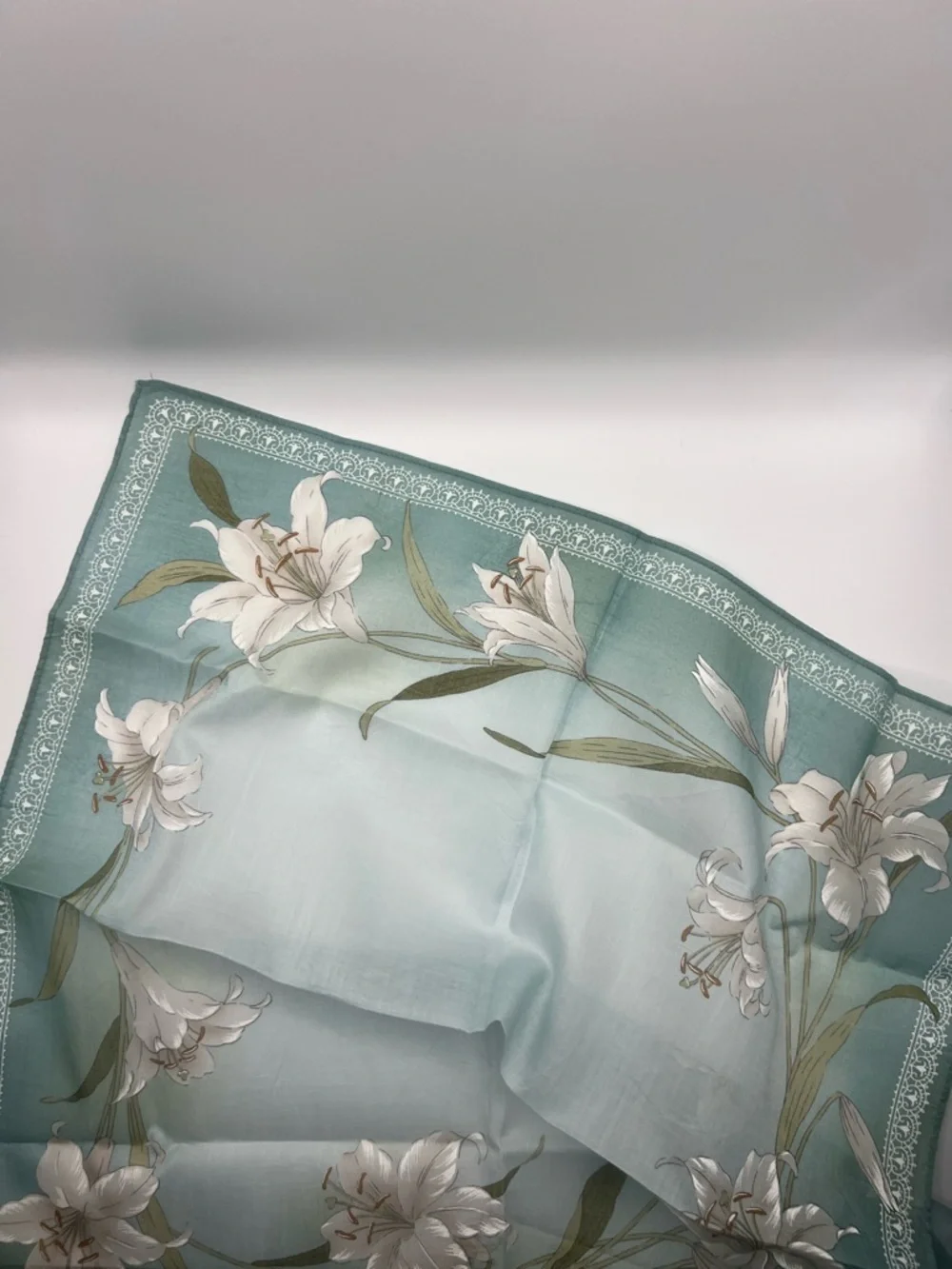 1433. Vintage Philippe Venet Hanker-chief / Scarf Cotton Sage Green and White